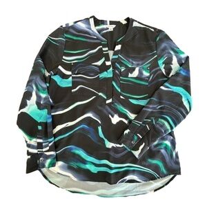 Calvin Klein abstract multi-colour Polyester blouse roll tab sleeve size L